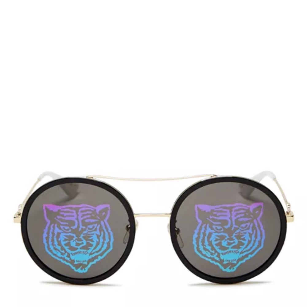 Gucci Black and Gold Sunglasses with Blue and Purple Tiger Design